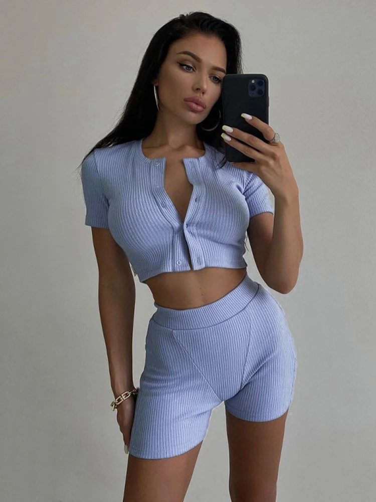 

Женский комплект из 2 предметов Sifreyr Y2K в рубчик, Модный Эластичный укороченный топ на пуговицах и велосипедные шорты, подходящий комплект, п...