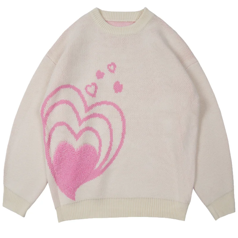 

Women Y2K Pink Heart Sweater White Blue Pullover Warm Sweater for Winter Oversize Fashion Vintage Harajuku 90s Knitwear