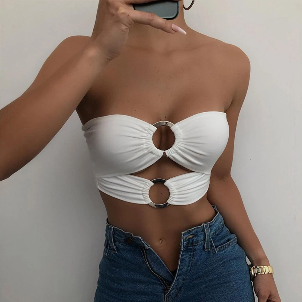 

Metal Double Ring One-shoulder Short Navel Wrap Top Women's Summer Sexy Personality Tank Tops Club Party Ladies Solid Tops 2021
