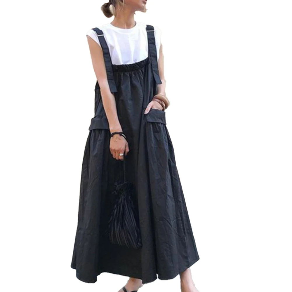 

Summer 2021 Mid-length Big Pocket Japanese Style Strap Dress Solid Color Loose Casual Sleeveless Korean Fashion Simple Selling