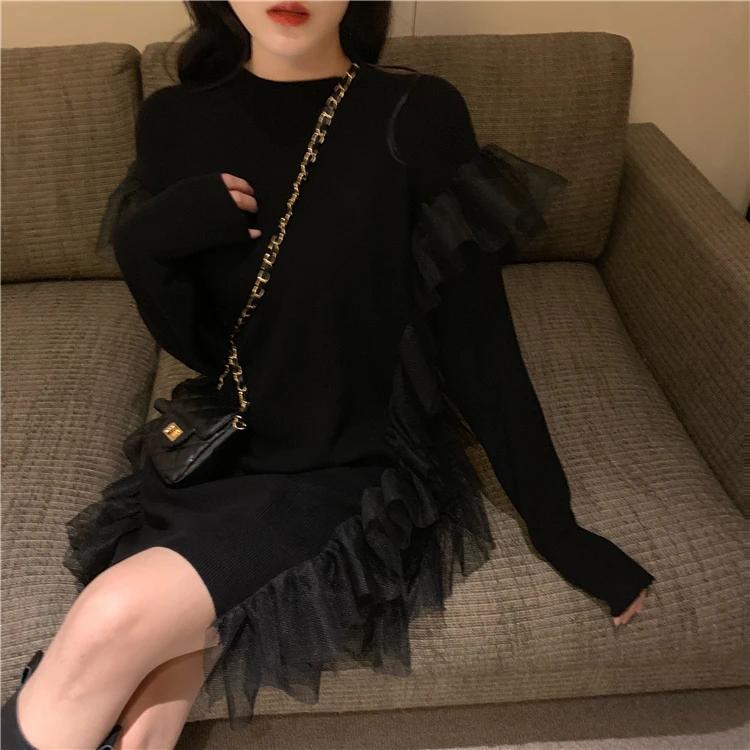 Новое модное женское повседневное свободное шерстяное вязаное платье с длинным