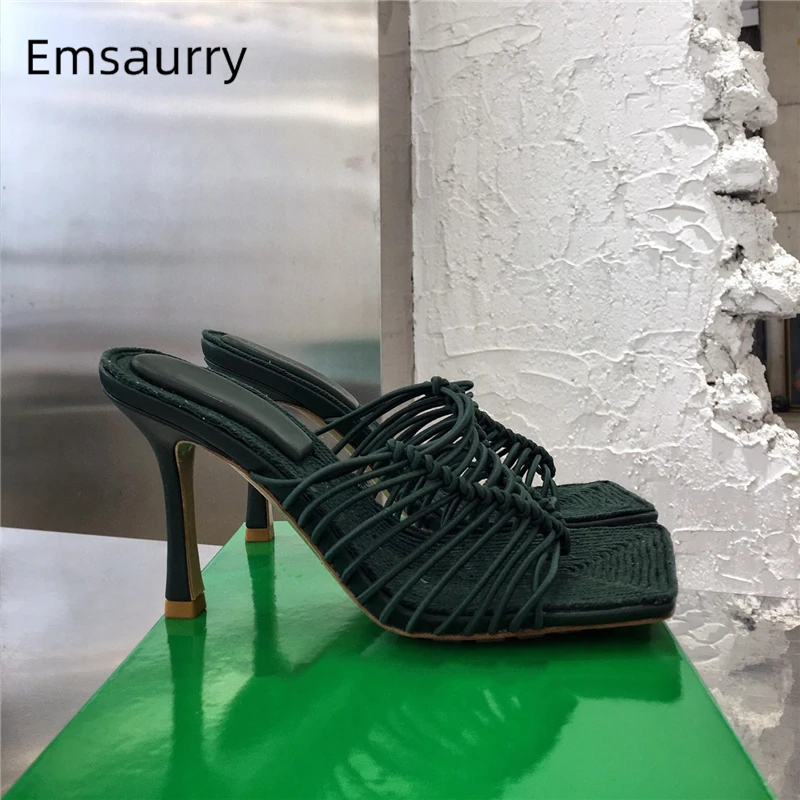 

Stretch Elastic Narrow Band Slip-on Lazyman Mules Thin High Heel Square Toe Slingbacks Sandals For Girls Women Summer