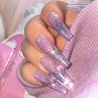 Накладные ногти длинные фиолетовые черные пламя наклейки для ногтей Готовые наклейки для ногтей 24 шт. с клей для нейл-арта ногтей аксессуары