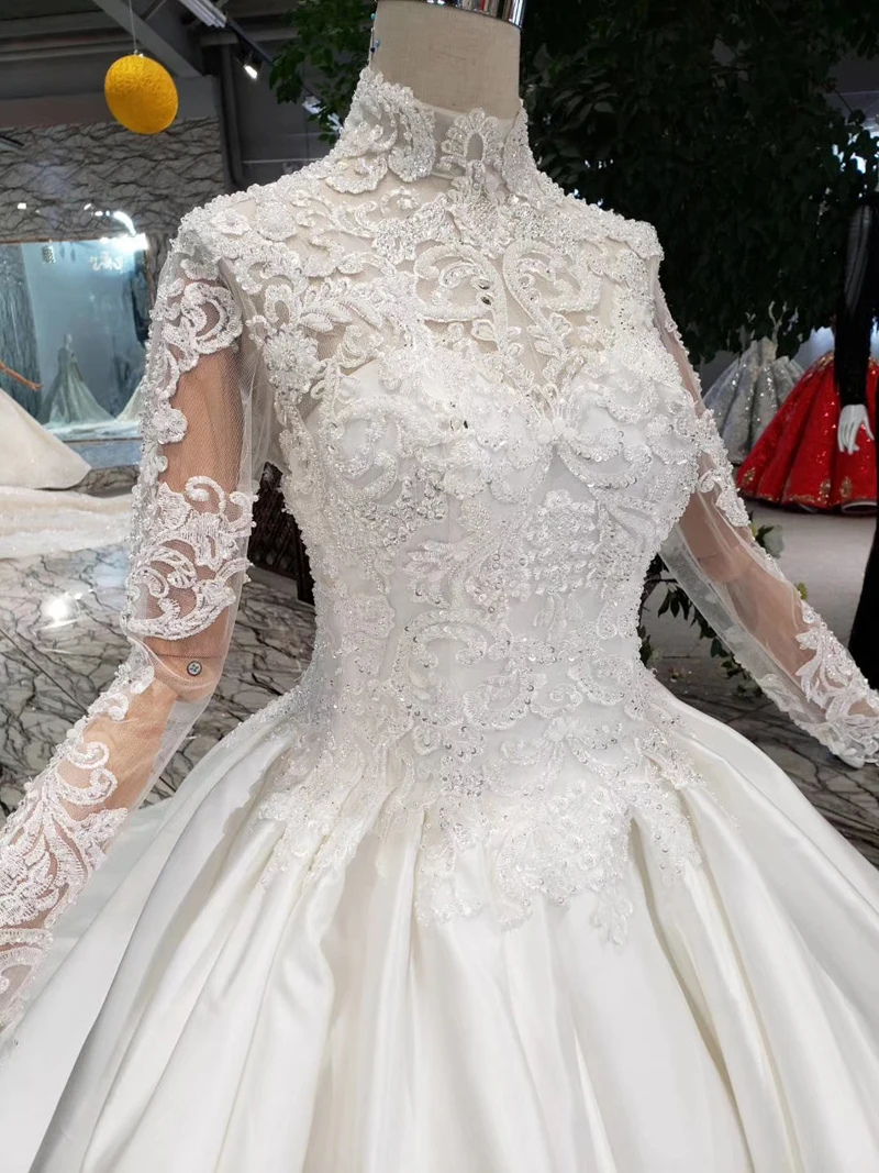 Атласное мусульманское свадебное платье BGW HT5611 с высоким воротом длинными