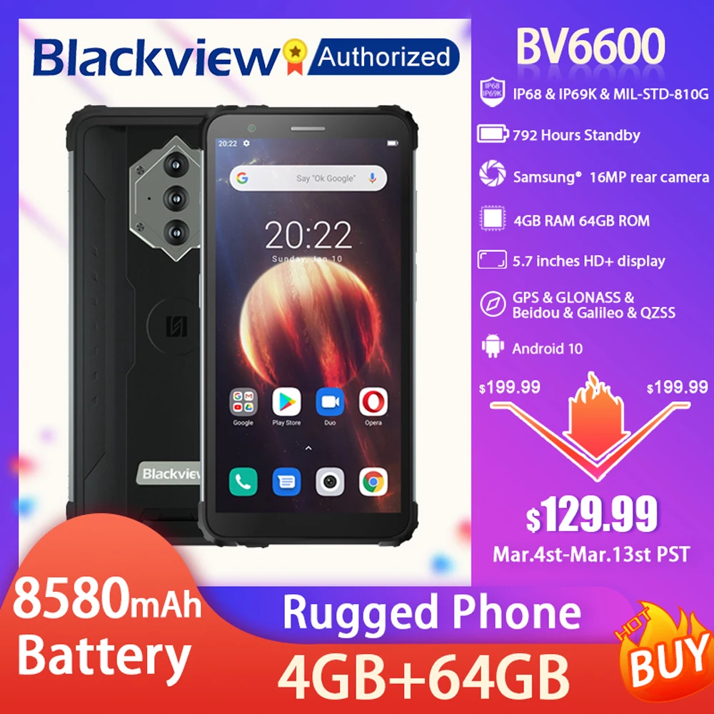 Смартфон Blackview BV6600 защищенный IP68 5 7 дюйма Android 10 8 ядер 4 + 64 ГБ NFC 8580 мАч|Смартфоны| |