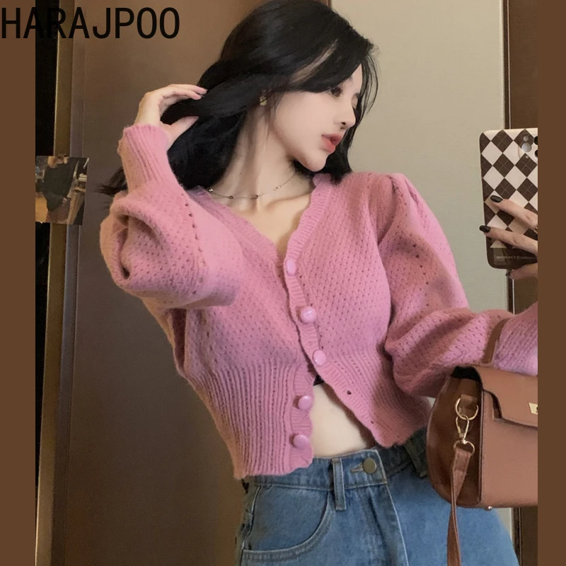 

Harajpoo Clothing Female Purple Solid Color Knitted Outwear Sweater Women Fall Harajuku 2021 New Fashion Crop Vintage Cardigan