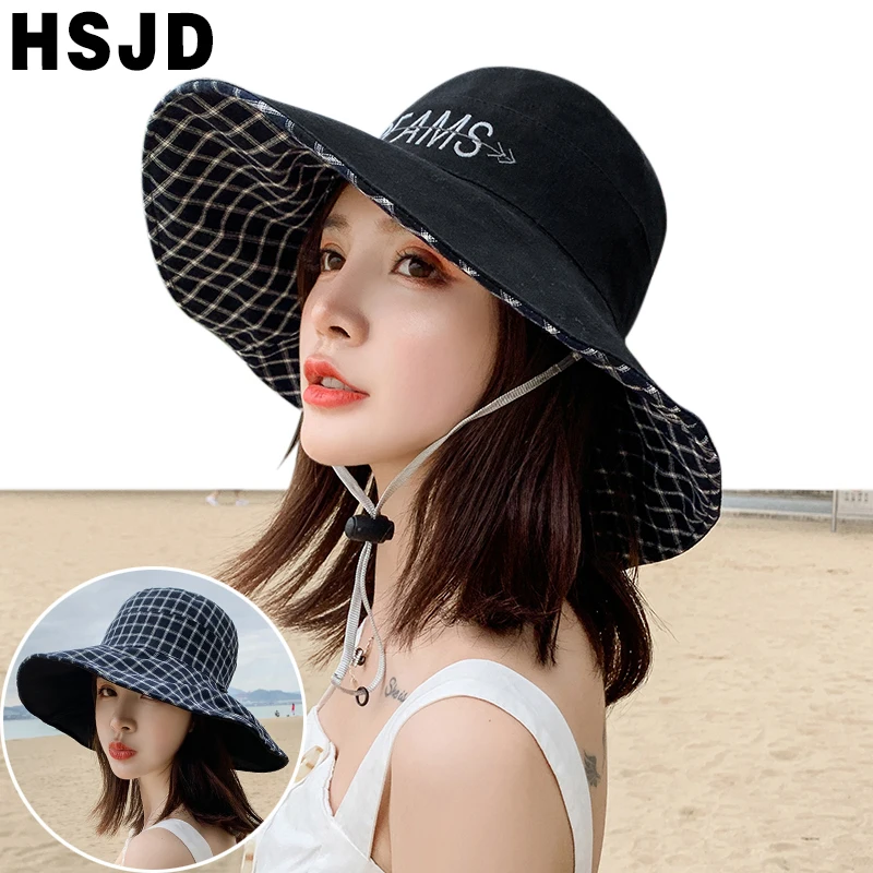 Женская летняя Клетчатая шляпа от солнца хлопковая с широкими полями и защитой