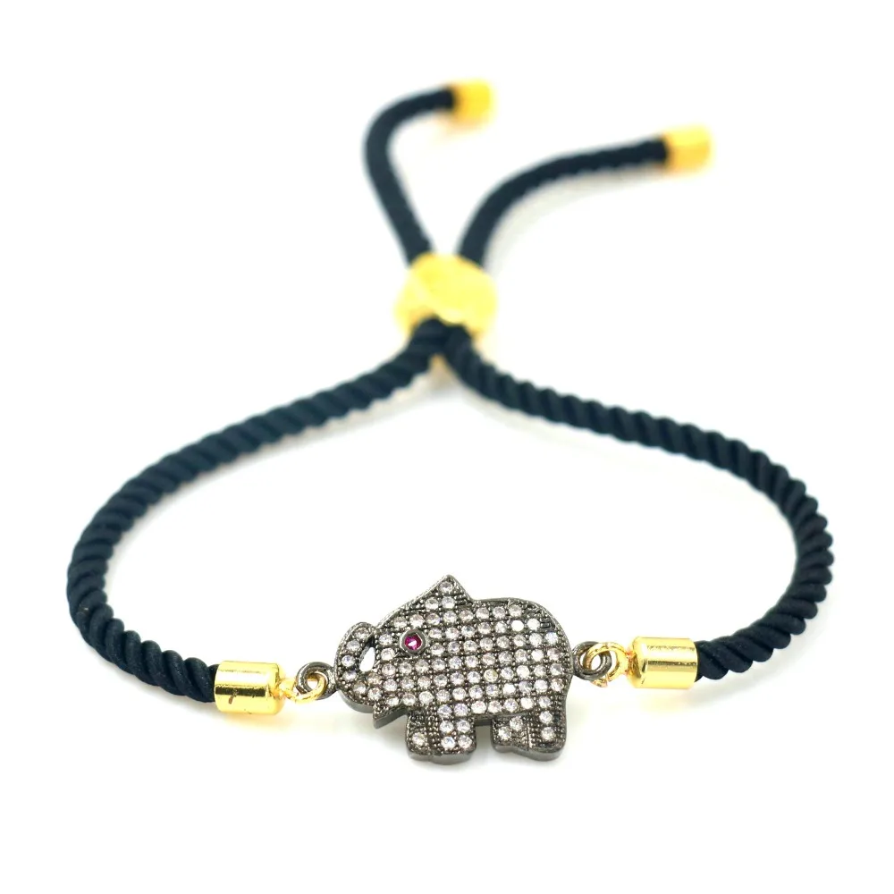 Женский браслет со слоном черный веревочный Шарм с микро инкрустацией из