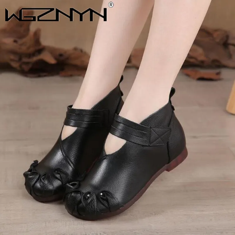 

2021 Autumn Flat Boots Genuine PU Leather Ankle Shoes Vintage Casual Shoes Brand Design Retro Handmade Women Shoes Zapatos Mujer