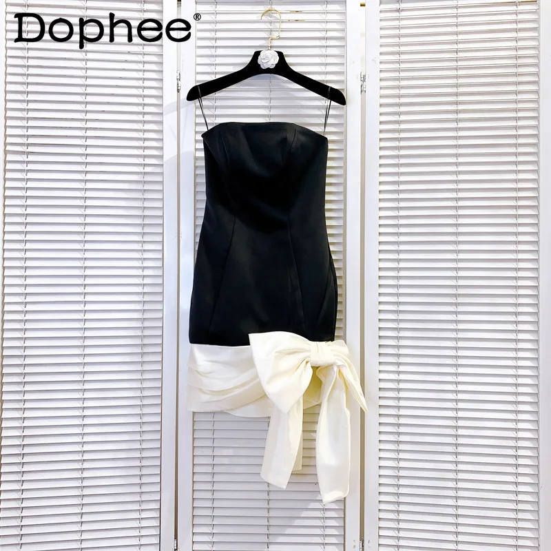 

2021 Spring Summer French Sleeveless Straps Tube Top Dress for Women Big Bow Slim Sexy Formal Dress Black Mini Bodycon Dress