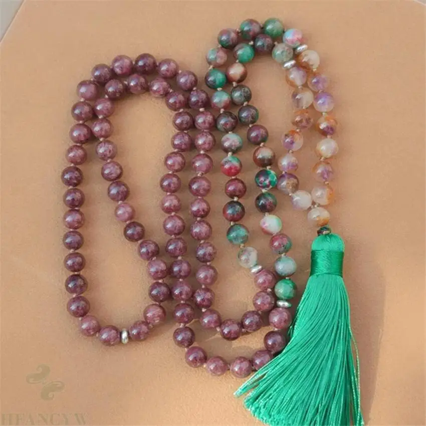 

8mm Chalcedony 108 Beads Tassel Knotted Necklace Elegant Chakra Healing Spirituality Meditation Lucky Fancy Wrist