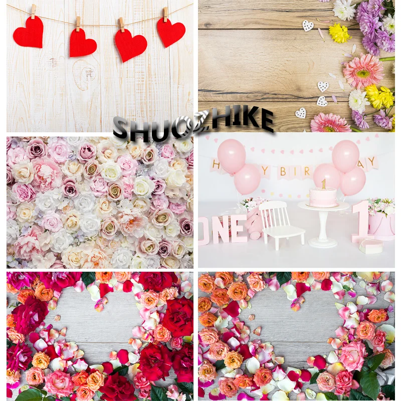 

SHENGYONGBAO Vinyl Custom Photography Backdrops Prop Valentine's day wood flower Theme Photography Background QJ91220-85