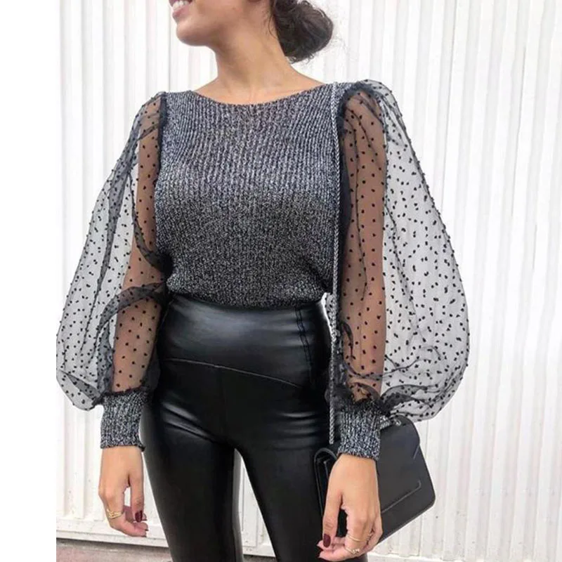 Style B Женская черная блузка модные сетчатые рубашки сексуальные v-образным вырезом прозрачные однобортные рубашки с буфами на рукавах женские блузки Топы - Цвет: Style B