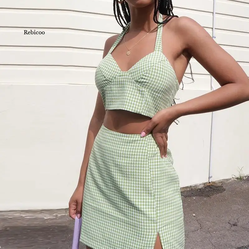 

Summer Elegant High Waist Split Mini Skirt Casual Plaid Cropped Tops Women 2 Pieces Sets Summer Halter Neck Tanks and Skirt Suit