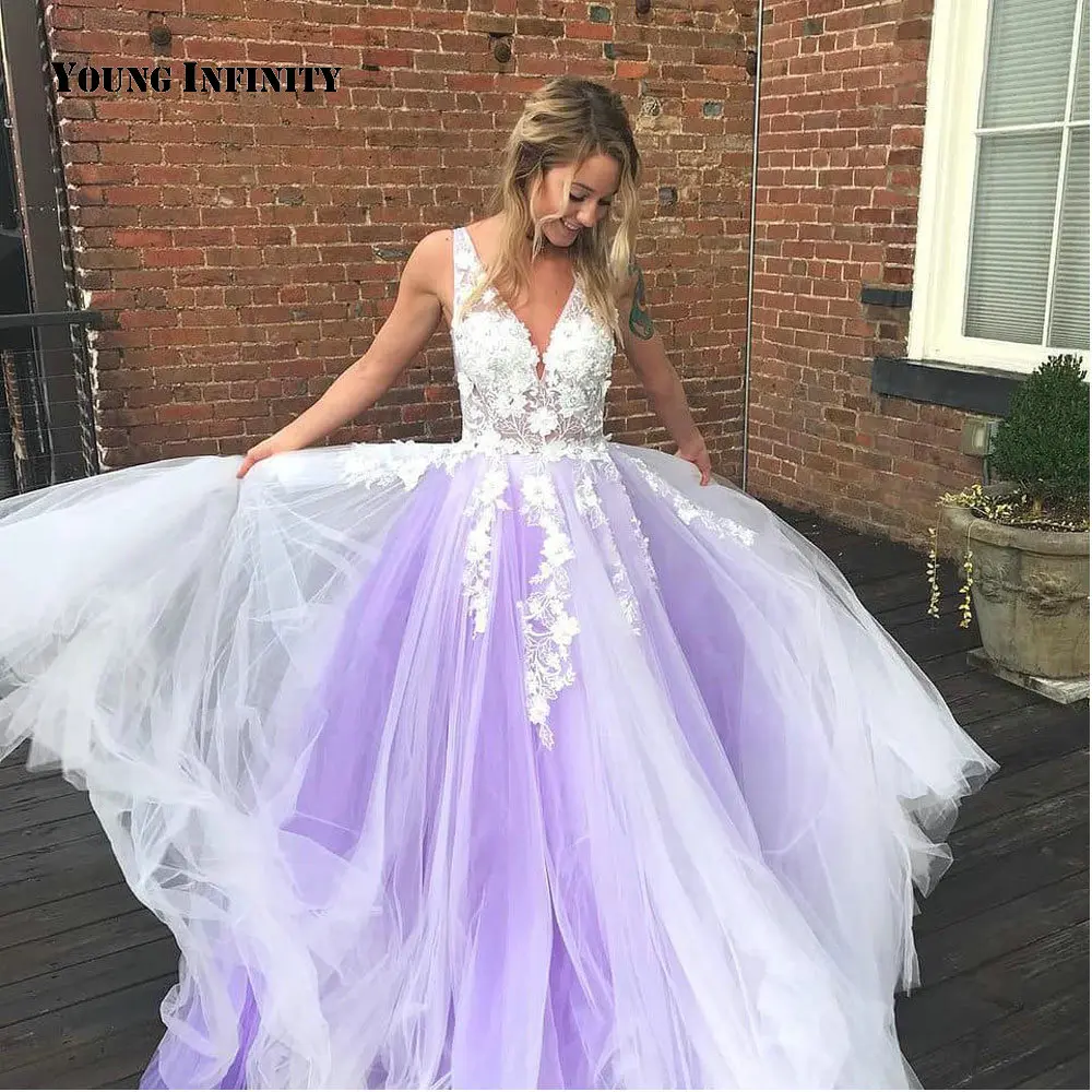 

Женское вечернее платье до пола, фиолетовое бальное платье без рукавов с V-образным вырезом, открытой спиной и кружевной аппликацией, бально...