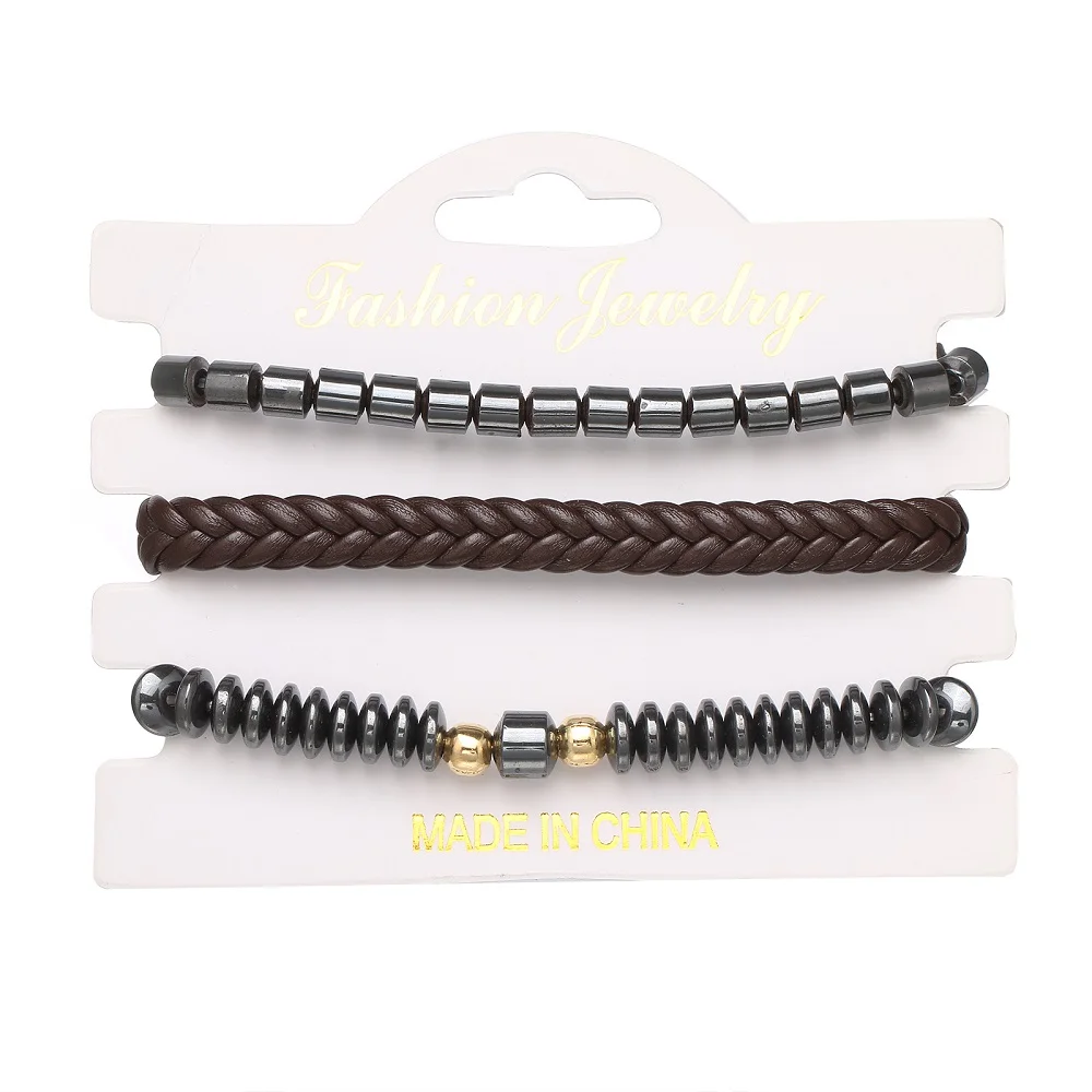

2021 Fashion Jewelry Multilayer Leather Beads Bracelet Charm Handmade Weave Hematite Adjustable Bracelets for Women Pulsera