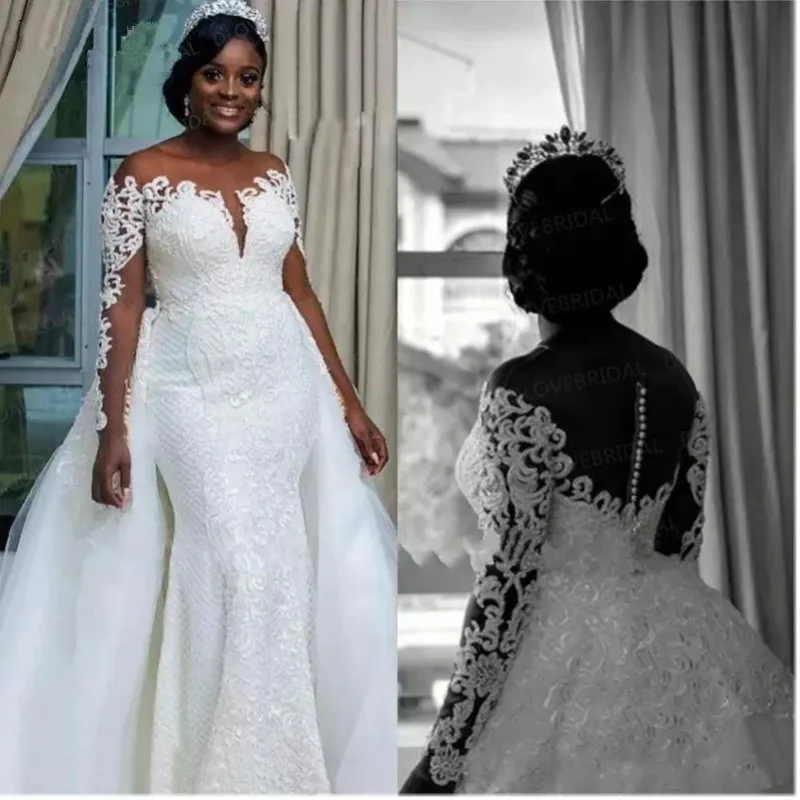

South African Mermaid Wedding Dresses Detachable Overskirt Sheer Neck Off Shoulder Long Sleeves 2021 Bridal wedding Gowns