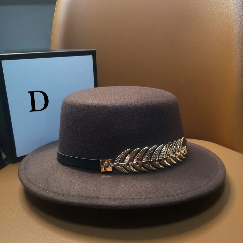 

HT217 Women Hat Classic Solid Color Felt Fedoras Metal leaves Hats Female Wide Brim Flat Top Jazz Cap Bucket Hat