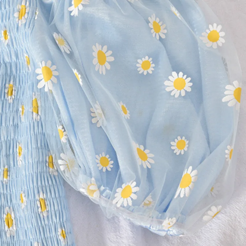 

Blouses Women Lovely Floral Popular Korean Style Slash Neck Puff Sleeve Summer Slim Cozy Students Tops Crop Feminine Hipster New