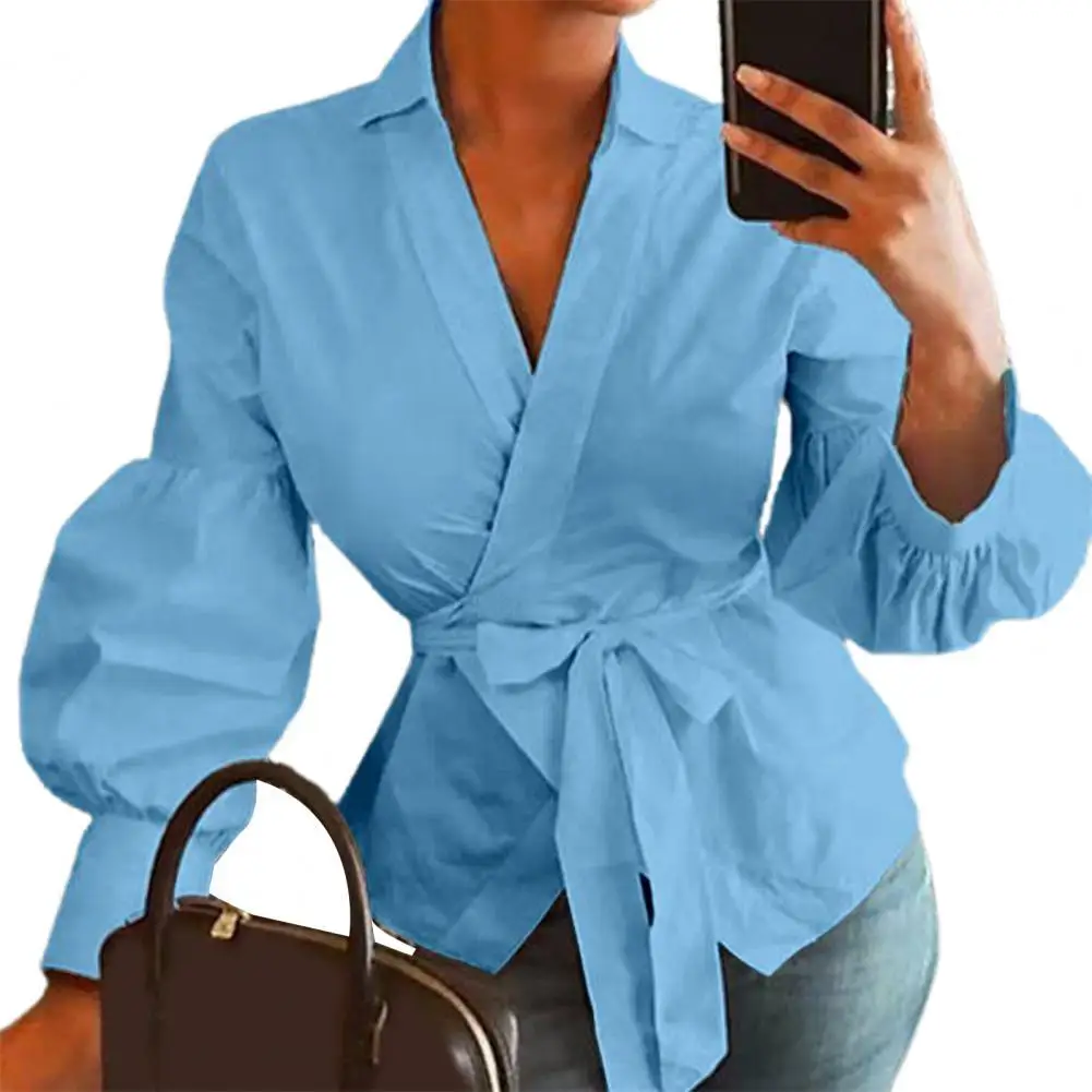 

Spring Autumn Stylish Lady Shirt V Neck Lantern Sleeve Women Solid Color Irregular Cardigan Top Streetwear For Female