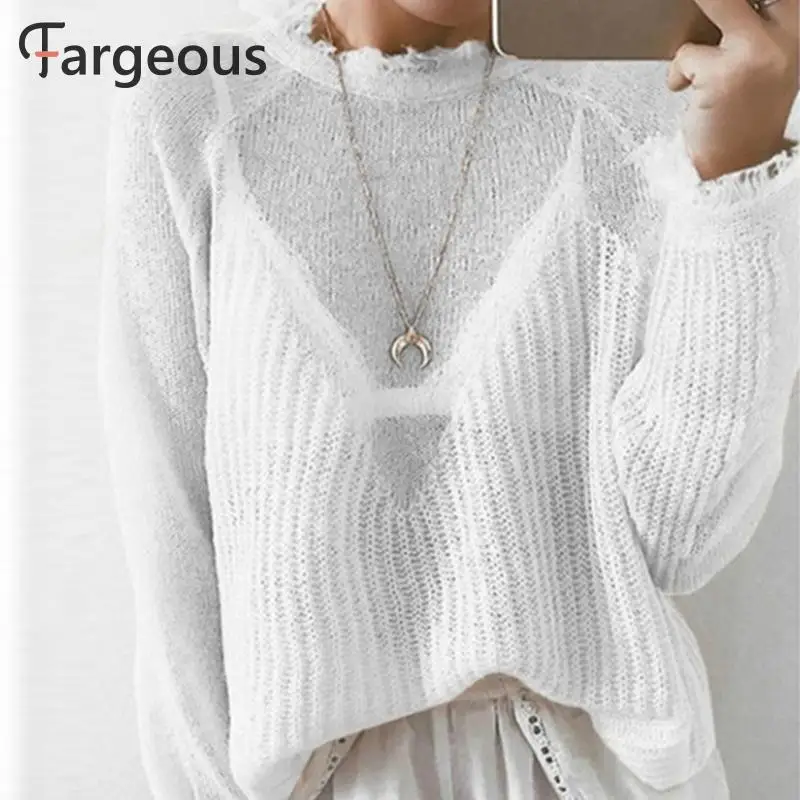 Женский трикотажный пуловер с кисточками однотонный джемпер вырезами в стиле