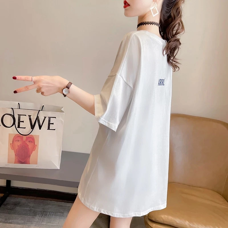 

Large Size Summer T-Shirt Letter Printing Short-Sleeved Round Neck Loose Split Casual Casual All-Match Mid-Length T-Shirt Women