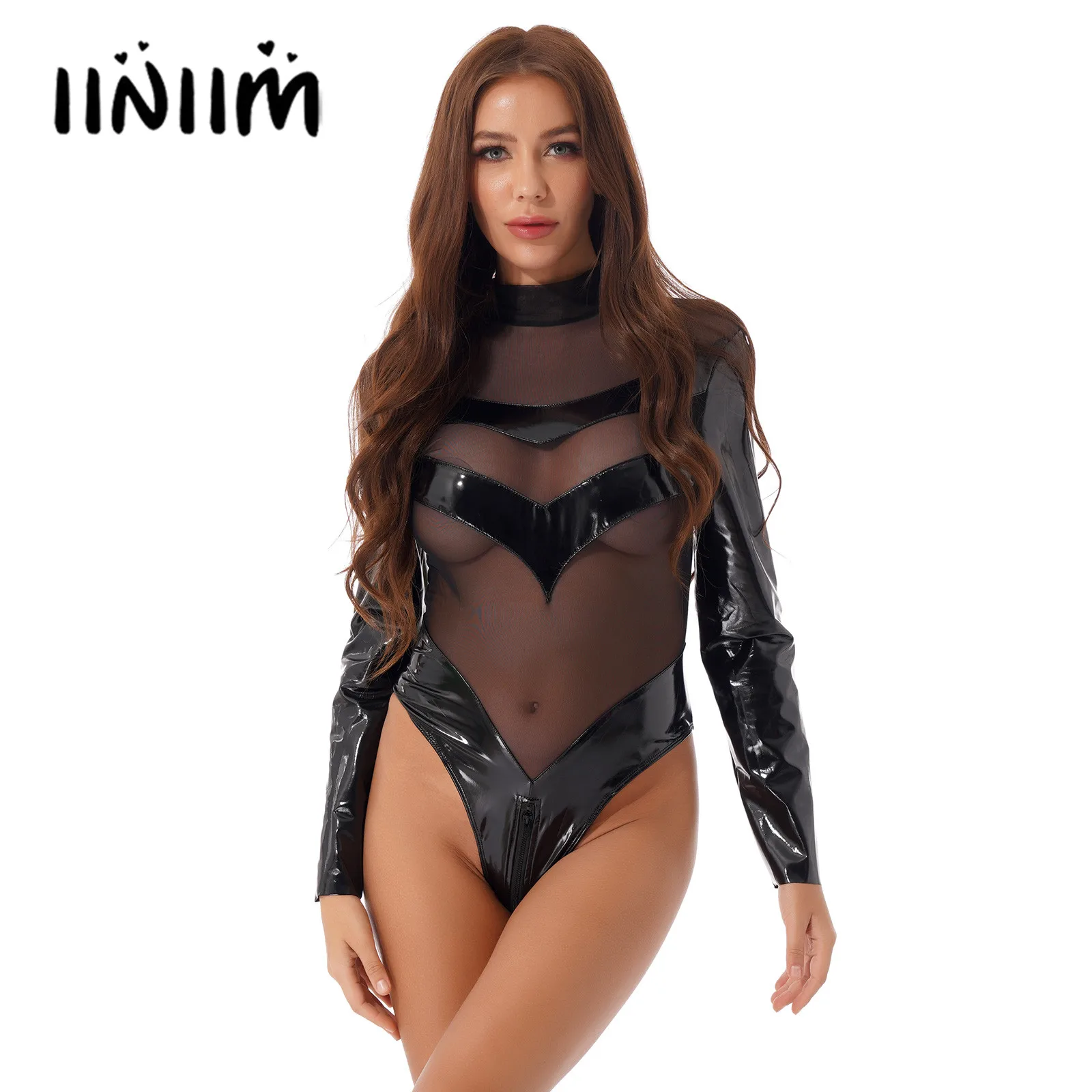 

Womens Lingerie See-through Mesh Patchwork Teddy Bodysuit Zipper Back Mock Neck Sexy Catsuit Patent Leather Leotard Clubwear
