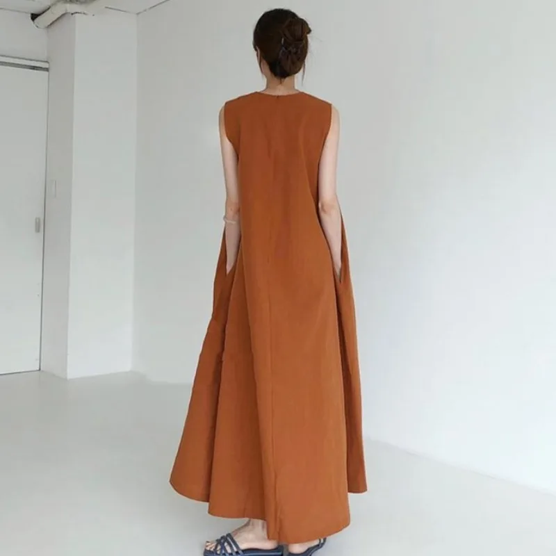 

Summer O Neck Cotton Linen Dresses Female Korean Chic Loose Swing Sleeveless Long Dress High Waist Women Runway Vestidos Mujer