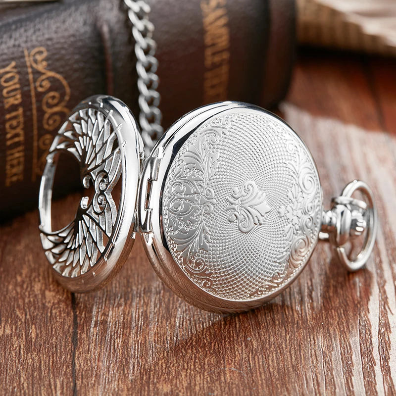 Roman Numeral Hollw Sliver Wings Mechanical Pocket Watch Luxury Steampunk Skeleton Engraved Fob Chain Clock for Men Collection