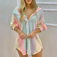 2021 summer women shirt printed color striped button front blouse casual vacation ladies shirt dress elastic sleeves clothing