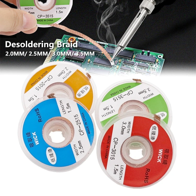 

Welding Wires 2/2.5/3/3.5mm Width 1.5M Length Desoldering Braid Welding Solder Remover Wick Wire Lead Cord Flux BGA Repair Tool