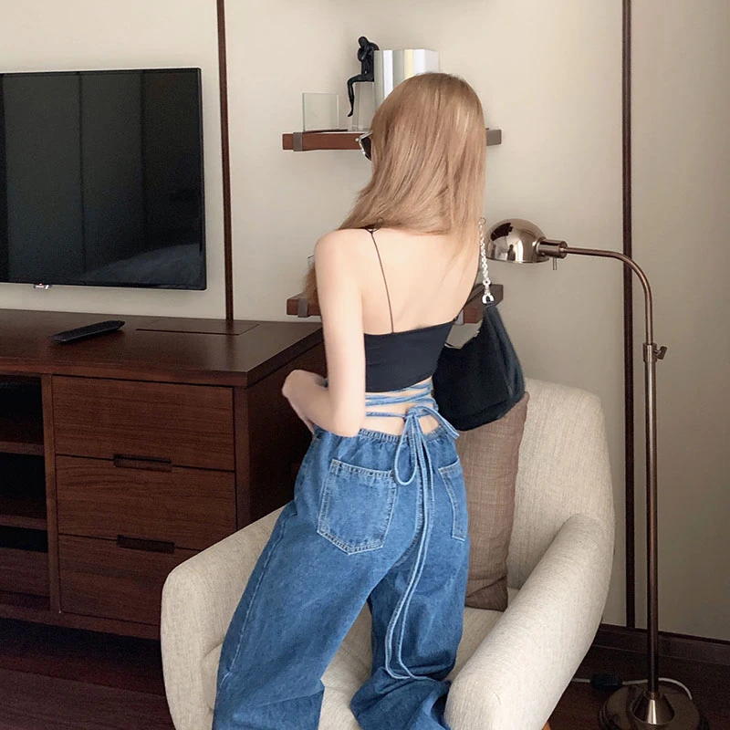 

Straight Jeans for Women 2021 Spring New Korean Style Lace High Waist Loose Drooping Wide Leg Pants All-Matching Pants
