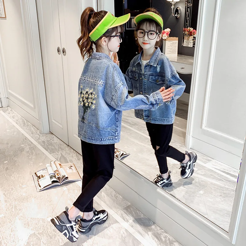 

Girls Demin Coat 5-14T Kids Embroidery Daisy Jackets Teenage Fashion Floral Autumn Baby Girls Cowboy Tops Children Jeans Outwear