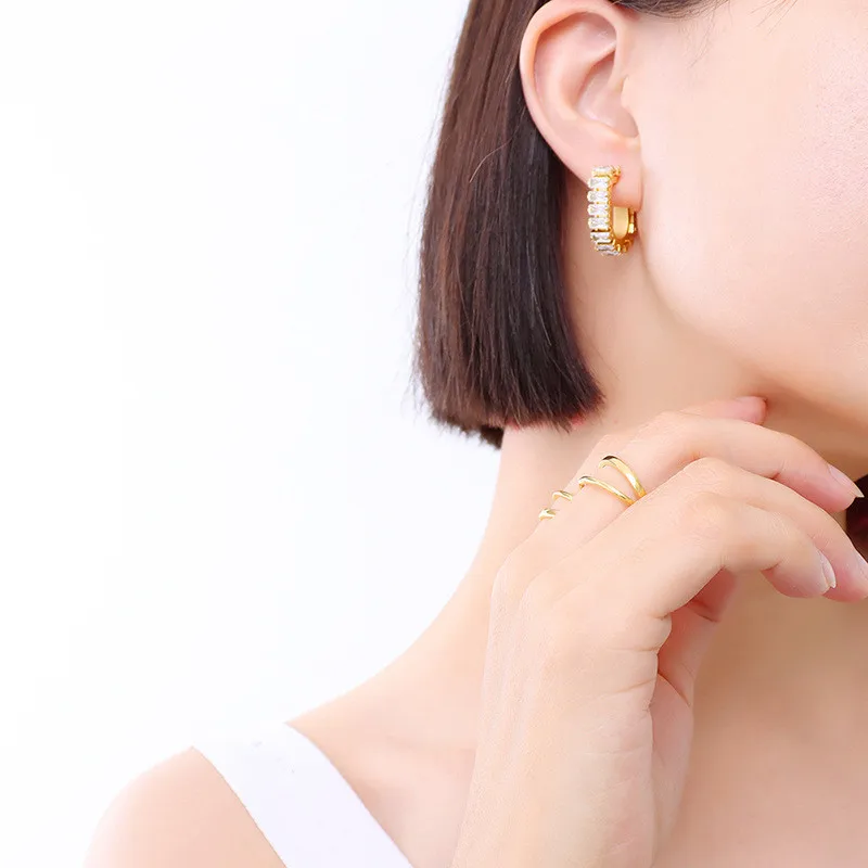 

Minimalist Gold Plated Stainless Steel Earrings For Women Jewelry, New Trendy Cubic Zirconia Woman's Earings Studs Accessories