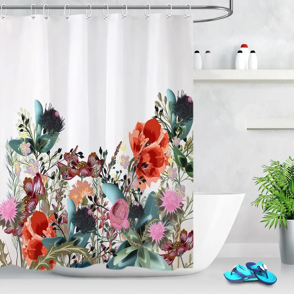 

Shower Curtain For Bathroom Spring Floral Plant Wild Flower Wild Grass Waterproof Polyester Fabric Bath Curtain With 12 Hooks
