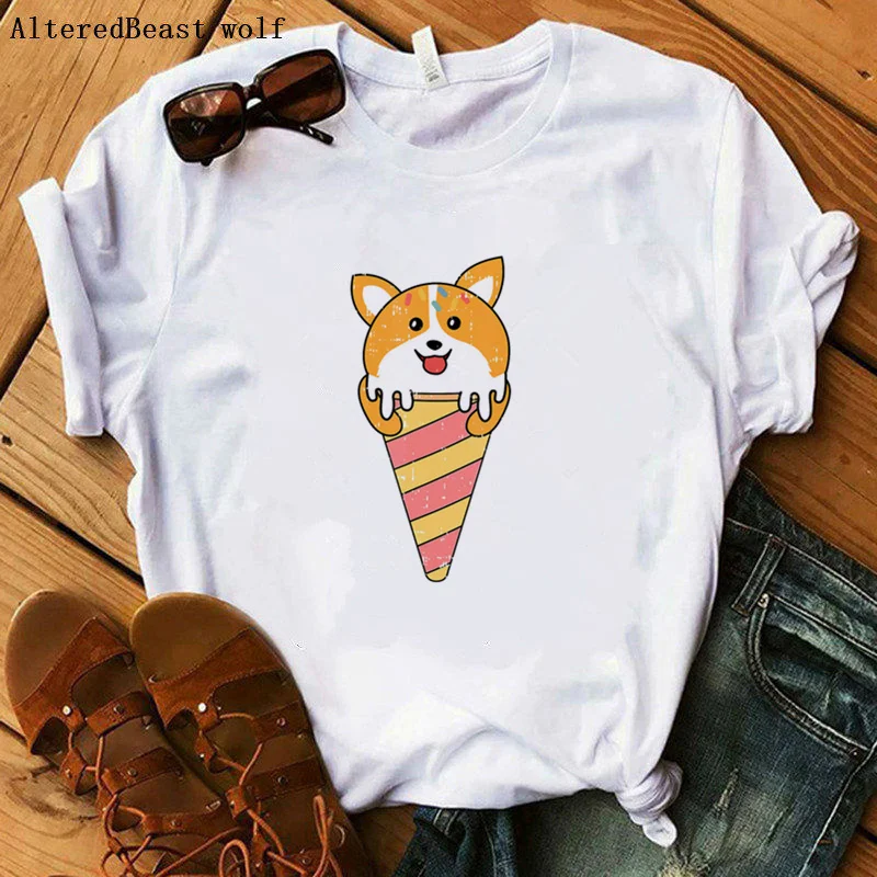 Новинка модная повседневная футболка Corgi с изображением собаки мороженого