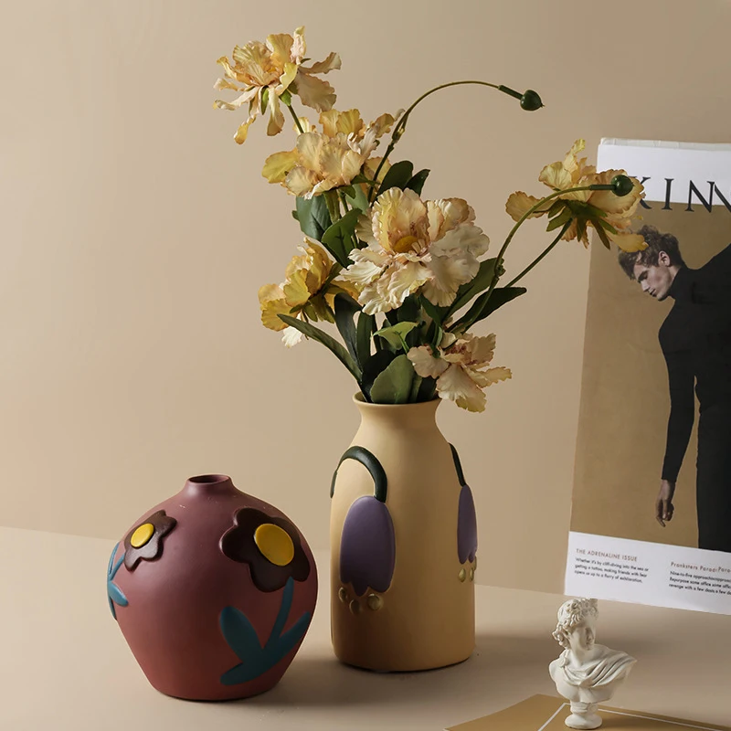 

Цветочная ваза в винтажном ретро-стиле, креативная Раскрашенная керамическая Цветочная горшка, украшение для гостиной, украшение для цвето...