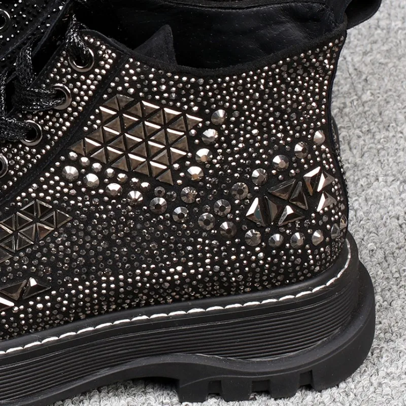 

Fashion Women Vintage Round Toe Crystal Studded Ankle Boots Casual Lace Up Platform Punk Boots Winter High Top Female Shoes