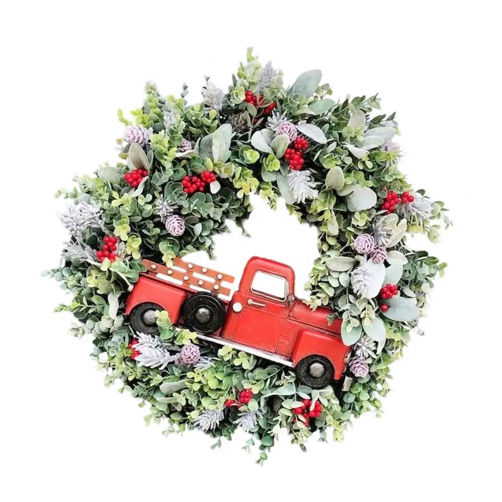 

Красный Рождественский венок с грузовиком, Осенний Рождественский венок с эвкалиптом для входной двери, с красными ягодами и красным грузо...