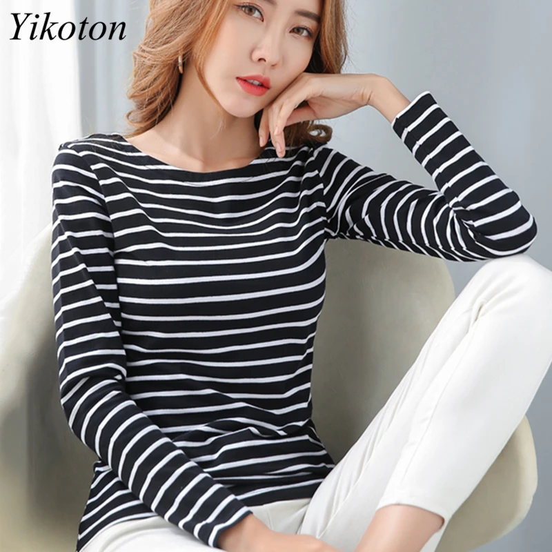 

Blouses and Shirts Women Black And White Stripes O Neck Casual Tops Long Sleeve Loose Shirt Srping/Autumn New Fashion Korea Top