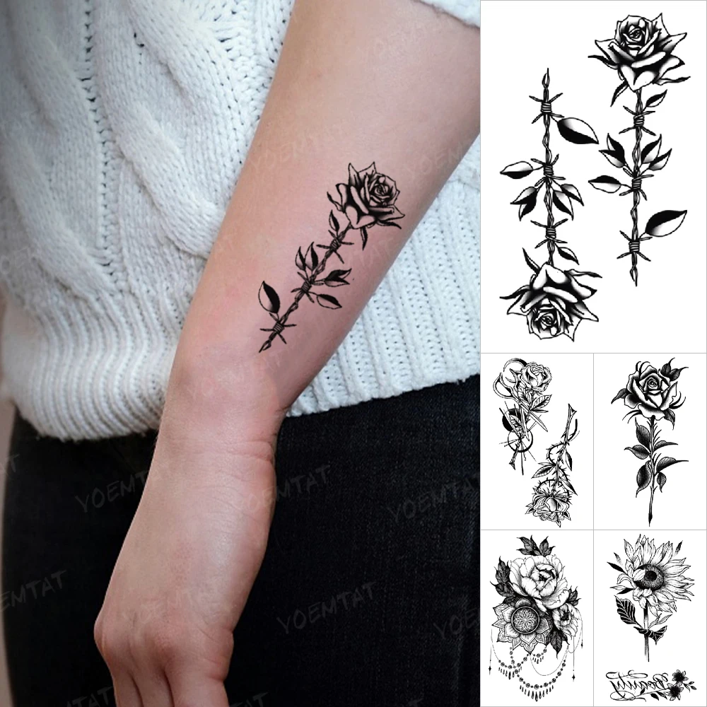 

Waterproof Temporary Tattoo Stickers Rose Flower Dark Black Old School Sunflower Henna Flash Tatoo Women Men Body Art Fake Tatto