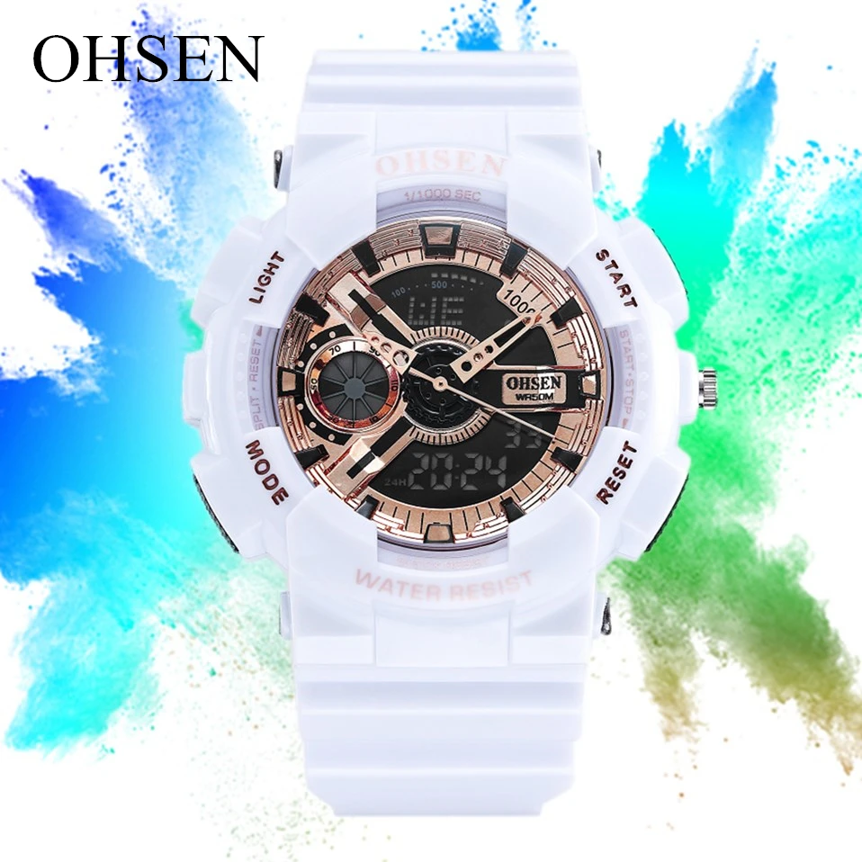

Waterproof Digital Quartz Men Watch OHSEN fashion White outdoor sport man Silicone Wristwatch relogio masculino dual time clock