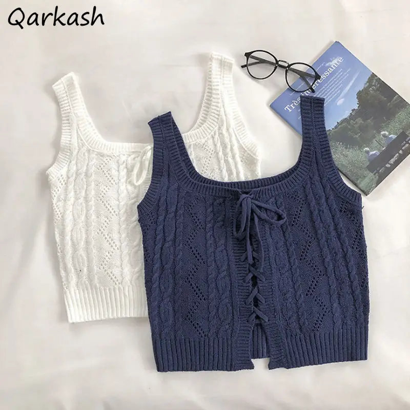 

Tanks Women Knitting Outerwear Fashion Korean Style BF Bandage Crop Top Ins New Summer Slim Elasticity Solid Casual High Quality