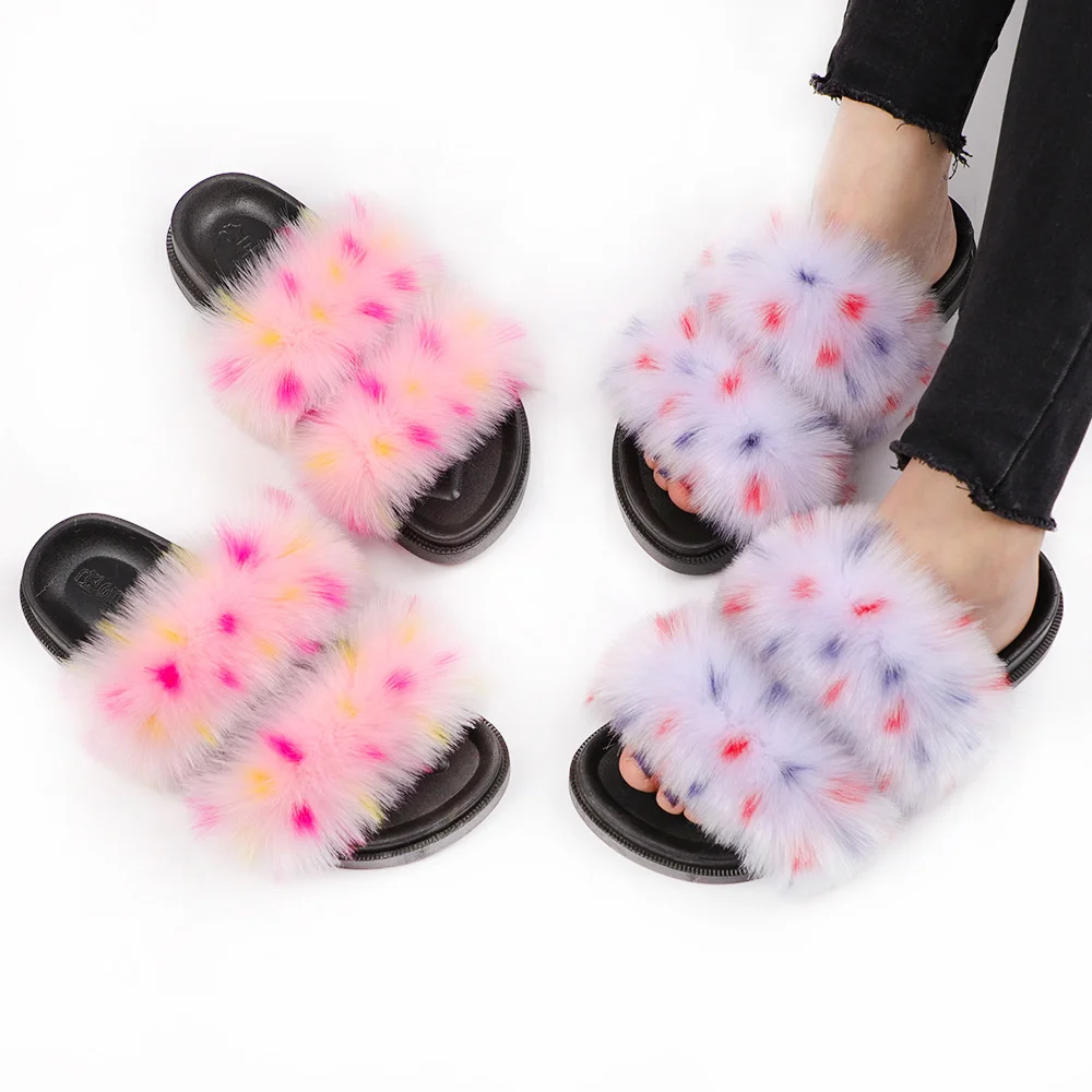 

Новые тапочки из лисьего меха, женские тапки с двумя ремешками из искусственного меха, на толстой подошве и Плоском Каблуке