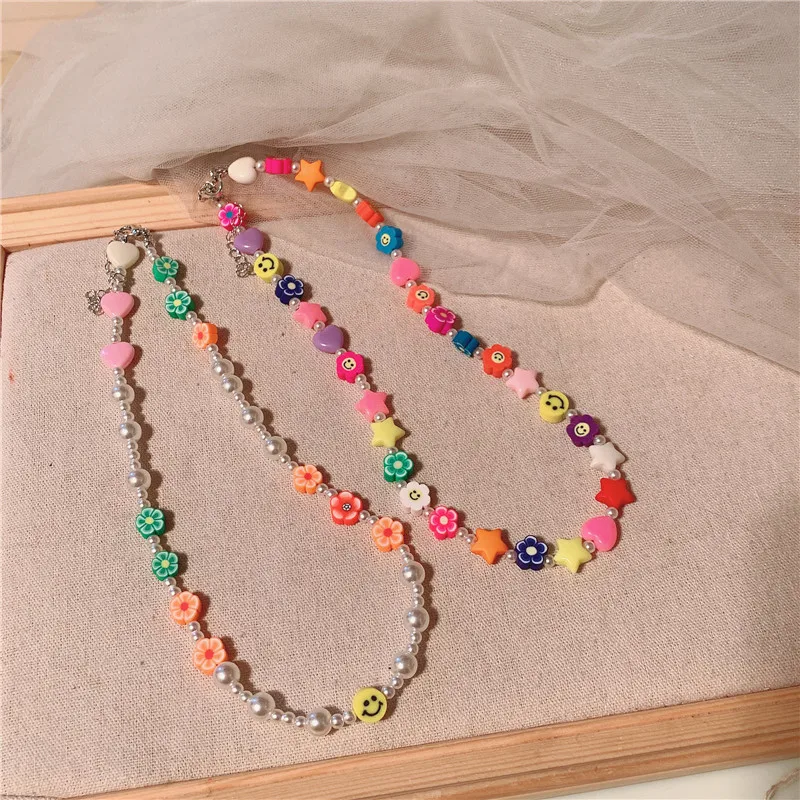 

Ins Style Beads Necklaces Y2k Spring Summer Cute Sweet Flowers Pearl Necklace Niche Design Clavicle Chain Jewelry for Girls