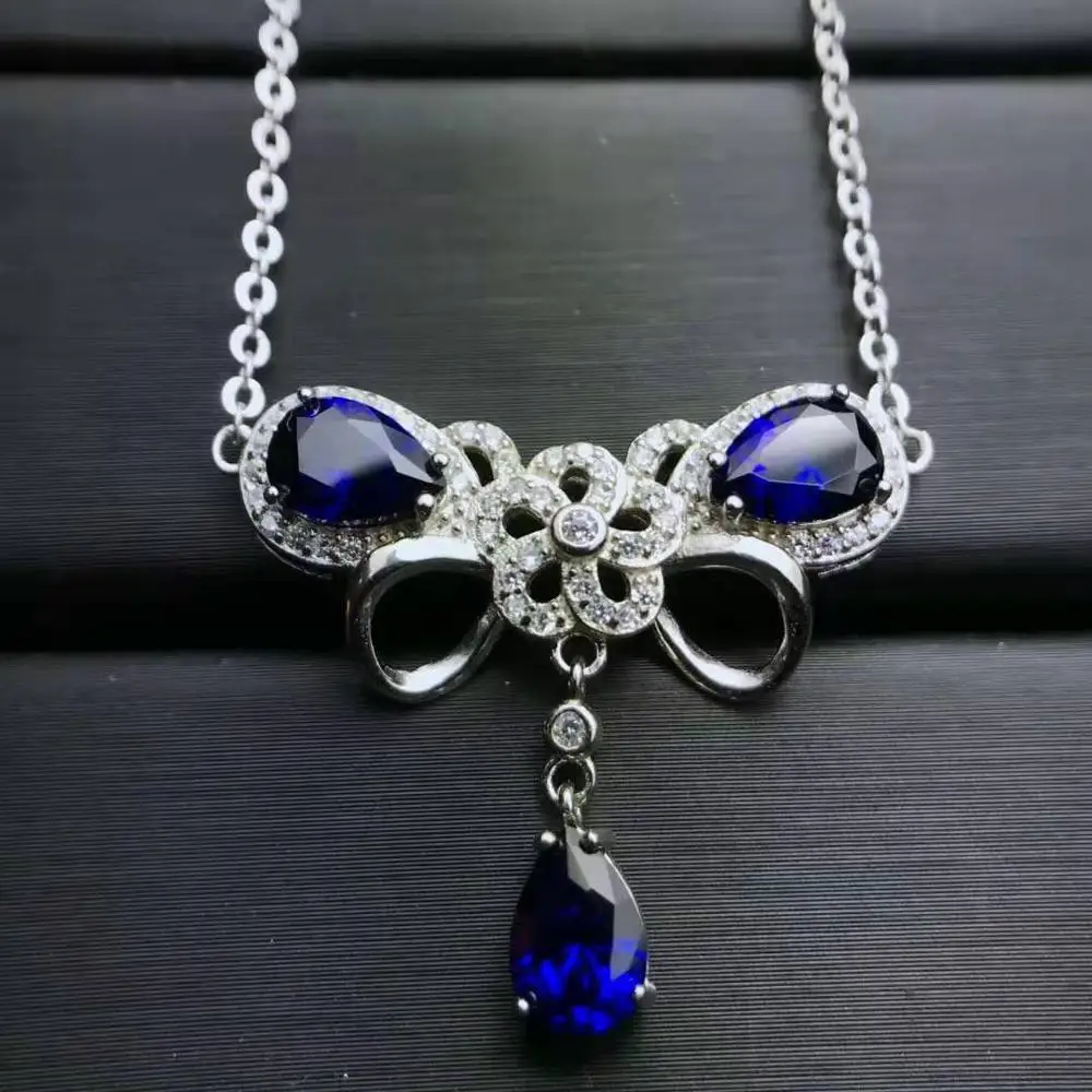 

Natural Sapphire Luxury Bow Pendant Necklace S925 Sterling Silver Fine Fashion Wedding Jewelry for Women New MeiBaPJ FS