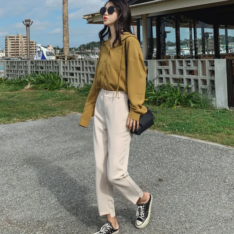 

Желтая Женская рубашка в Корейском стиле, новинка 2019, Весенняя модная дизайнерская свободная Однотонная рубашка с капюшоном для девушек