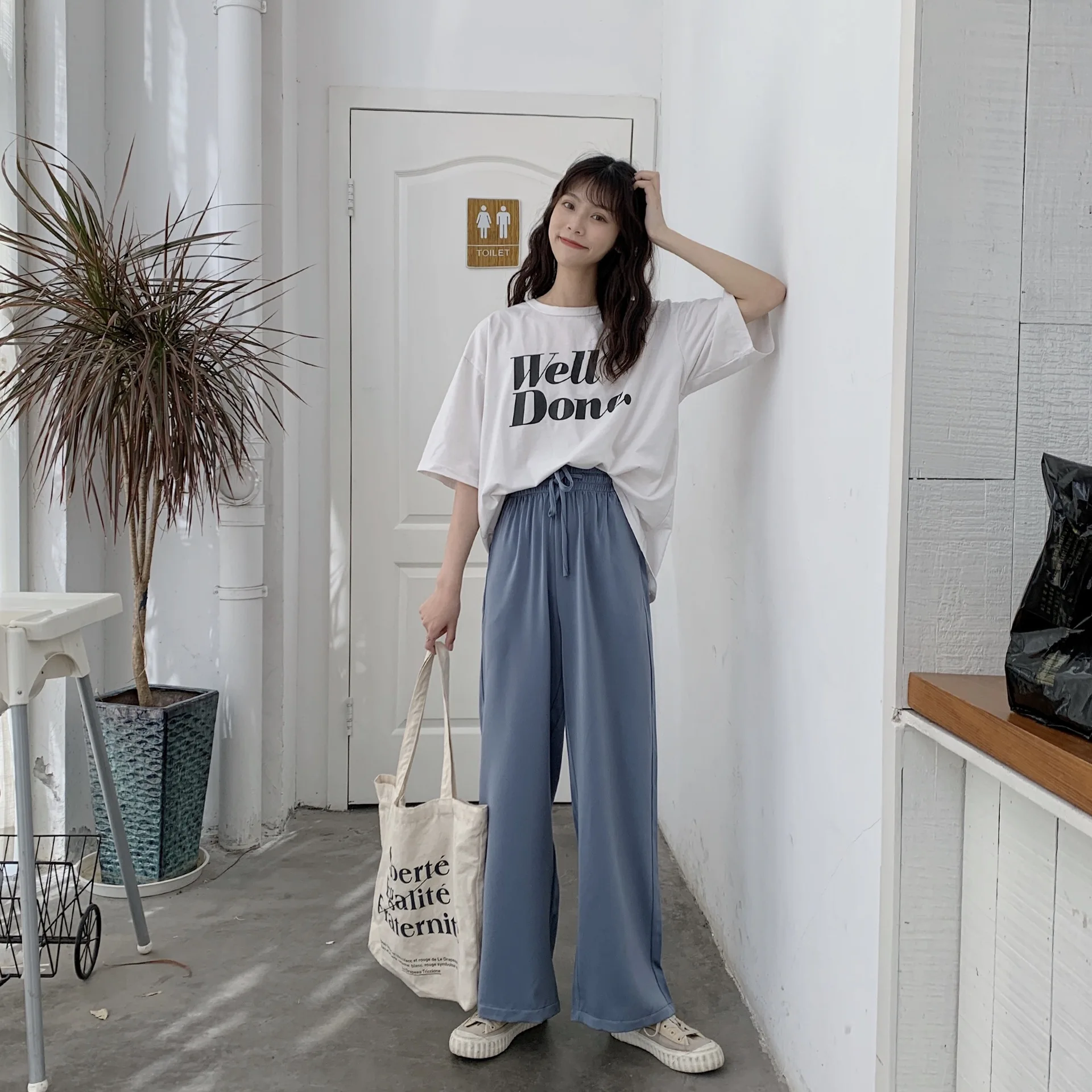 

2021 spring/summer new pearl gauzy cloud pants imitation satin floor sweeping casual pants lace high waist wide leg pants loose