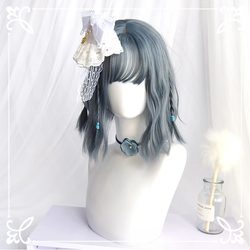 

Daily soft girl multi-color smog blue water corrugated curly hair Harajuku cute light olita wig short hair