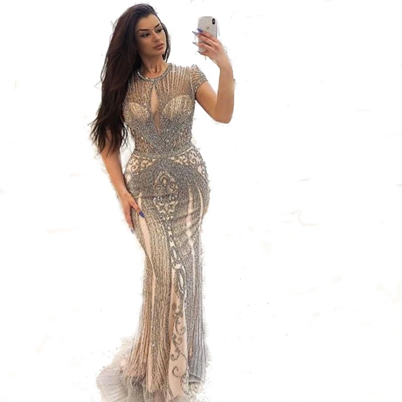 

Mermaid Evening Dresses Already Made For Women With Heavy Beading Sexy 5 Color Dubai Formal Prom Party Gown Big Size Sweep Traim